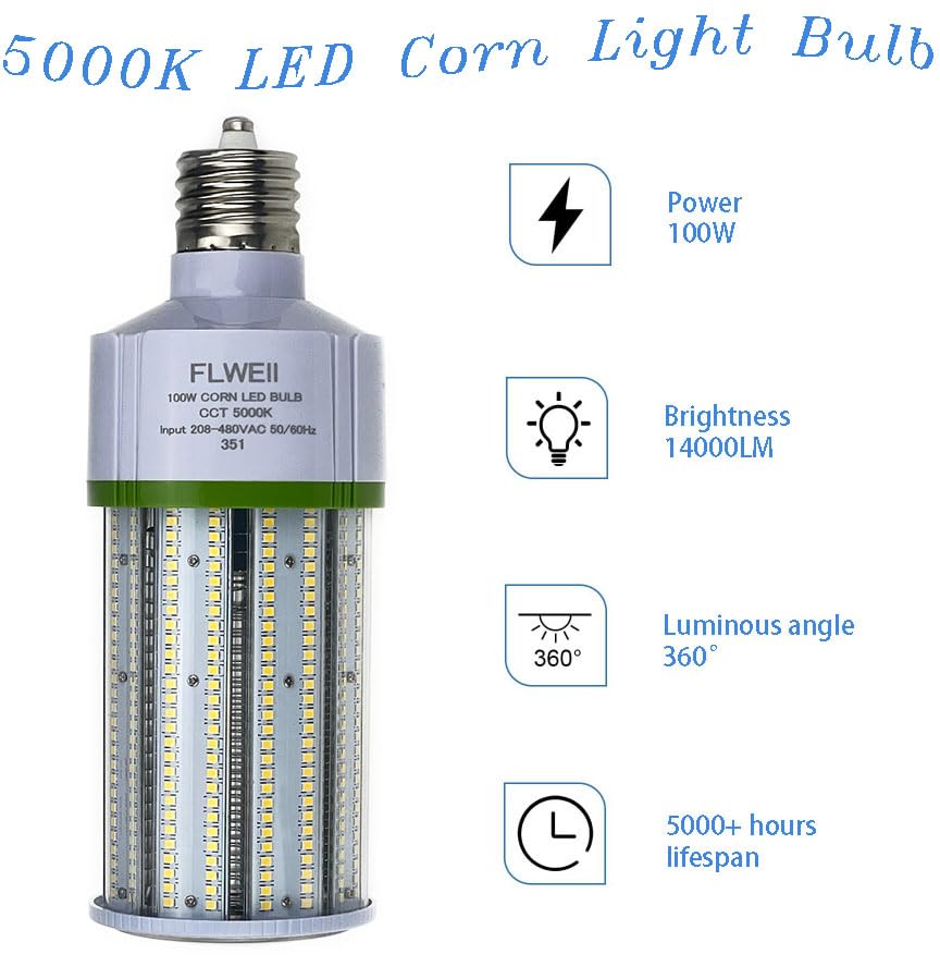 FLWEII LED Corn Light Bulb, 208-480V 100W E39 Mogul Base 5000K,14000 LM Replacement 400W HPS/MH for Indoor Outdoor Garage Warehouse Factory Backyard