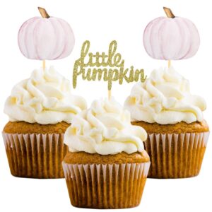 little pumpkin cupcake toppers, thanksgiving birthday baby shower fall theme party decorations gender reveal supplies - set of 24 (pink)