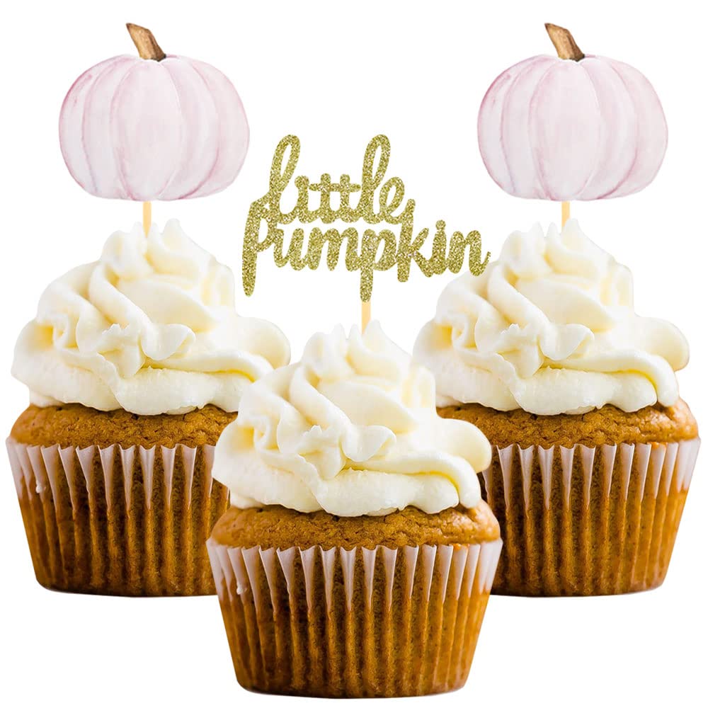 Little Pumpkin Cupcake Toppers, Thanksgiving Birthday Baby Shower Fall Theme Party Decorations Gender Reveal Supplies - Set of 24 (pink)