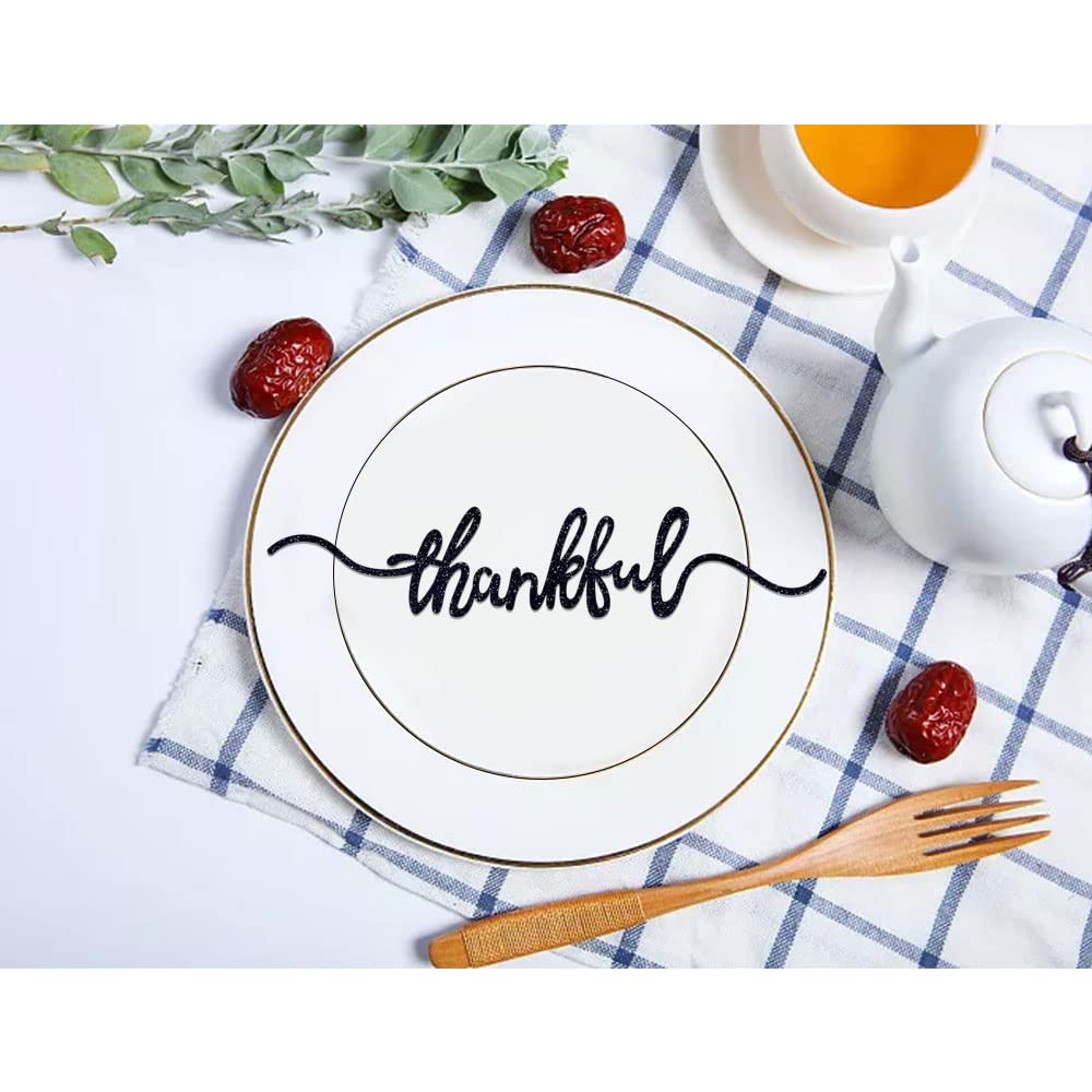 Aukolass 8 Pcs Thanksgiving Plate Cards, Thanksgiving Table Decorations Grateful Thankful Blessed Gather Place Card Plate Decors for Home Party (Black)