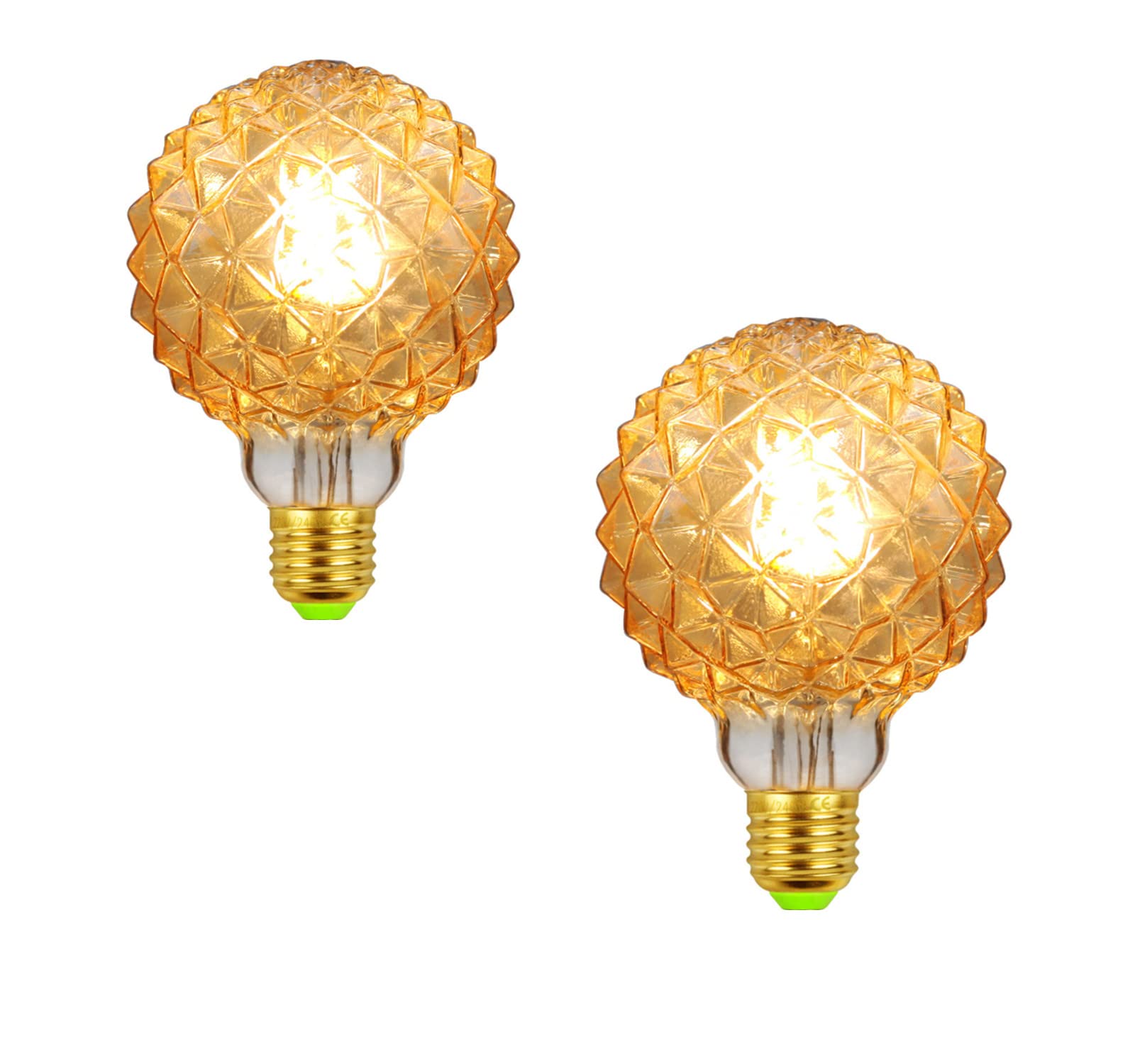 G95 LED Pineapple Bulb Retro Edison Lamp 4W 2700K Warm White Light Not Dimmable 40W Equivalent Amber Glass Lamp, E26 Base, Suitable for Bedrooms, Restaurants, Cafes, Pack of 2