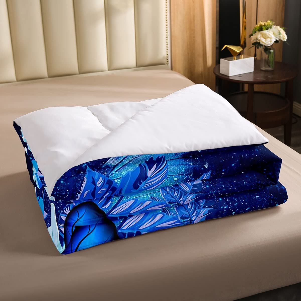 Manfei Rose Duvet Insert Queen Size Blue Butterfly Comforter Set 3pcs for Kids Girls Teens Adults Room Decor, Blue Starry Sky Bedding Set Romantic Soft Breathable Bed Quilt with 2 Pillowcases