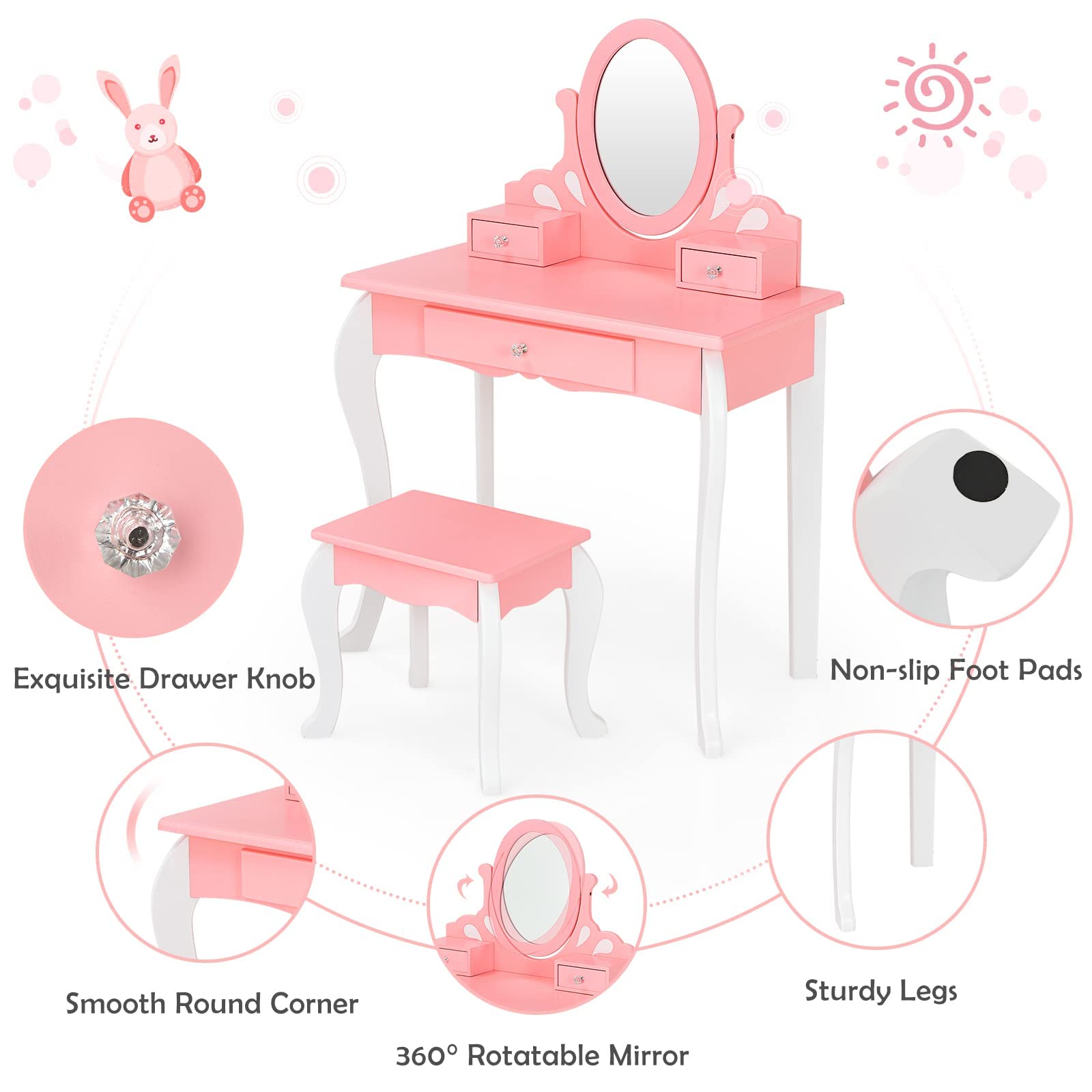 HONEY JOY Kids Vanity and Stool Set, Toddlers Pretend Play Vanity Set with 3 Drawers, 360° Rotating Oval Mirror, Wooden Girls Makeup Dressing Table for Bedroom Playroom, Gift for Little Girls (Pink)