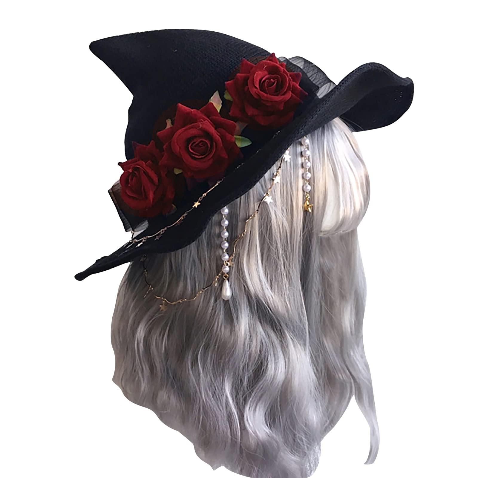 Halloween Witch Hat Head Ornament Headwear with Rose Big Bow Decoration Hat Cosplay Party Props