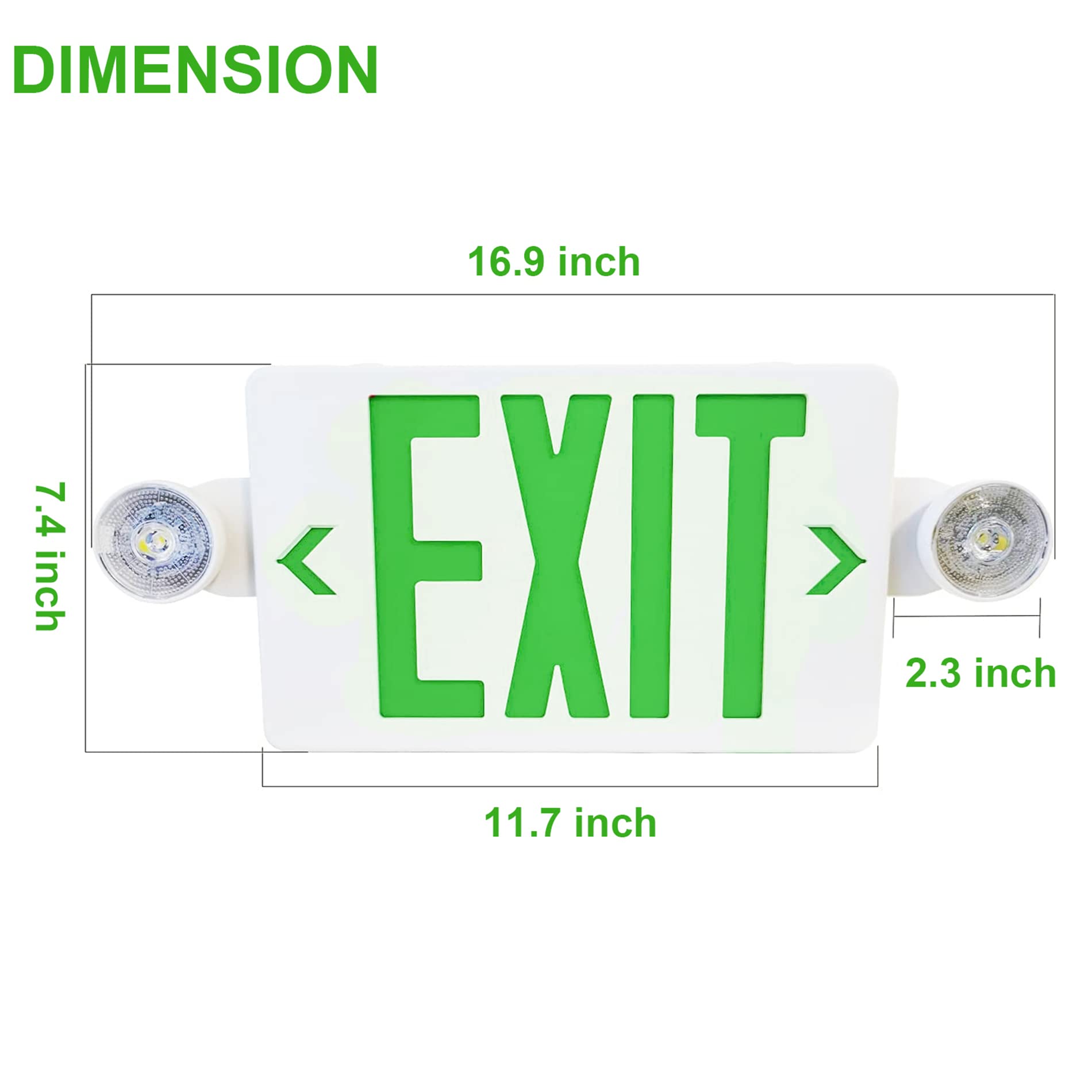 Green LED Exit Sign with Emergency Lights, Two LED Adjustable Head Emergency Exit Lights with Battery Backup, Dual LED Lamp ABS Fire Resistance UL-Listed 120-277V