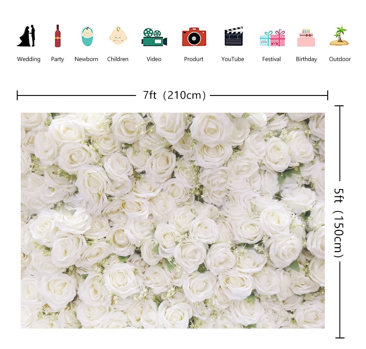 White Rose Floral Photography Backdground Rose Theme Valentines Day Party Bridal Shower Party Decoration Backdrop (7x5FT)