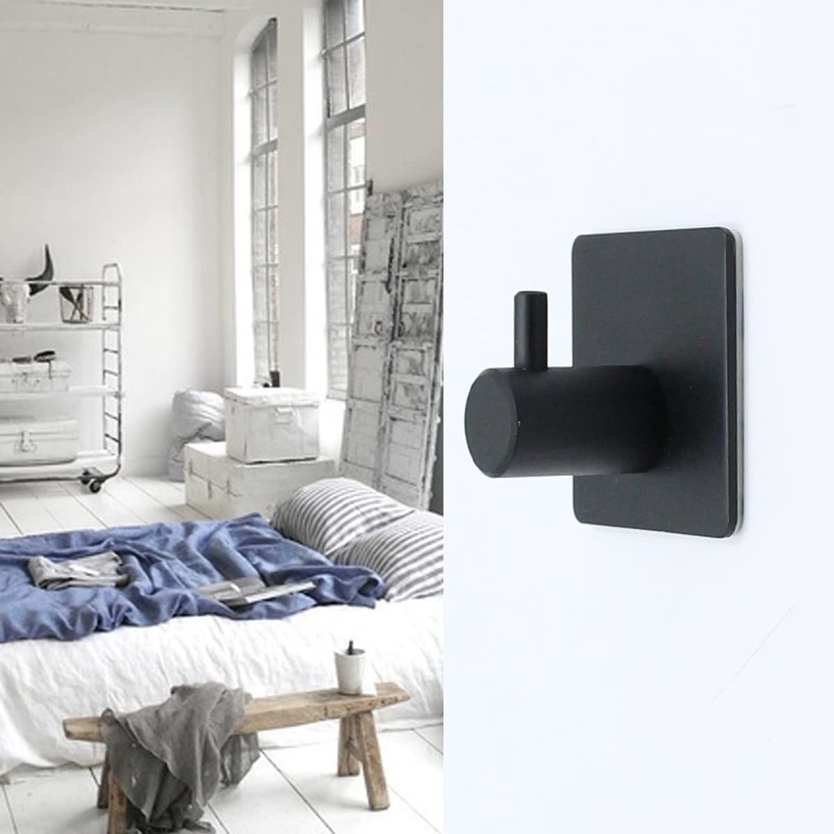 2PCS Adhesive Hooks Waterproof 304 Stainless Steel Hooks L-Shaped Hook Heavy Duty Wall Hangers for Hanging Coat、Towel、Hat or Key Suitable for Bathroom、Kitchen or Bedroom（Black）