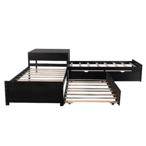 Harper & Bright Designs L-Shaped Platform Bed with Trundle, Wooden Corner Daybed with Storage Drawers and Desk, 3 Beds for Kids Teens Bedroom Furniture (Twin, Espresso)