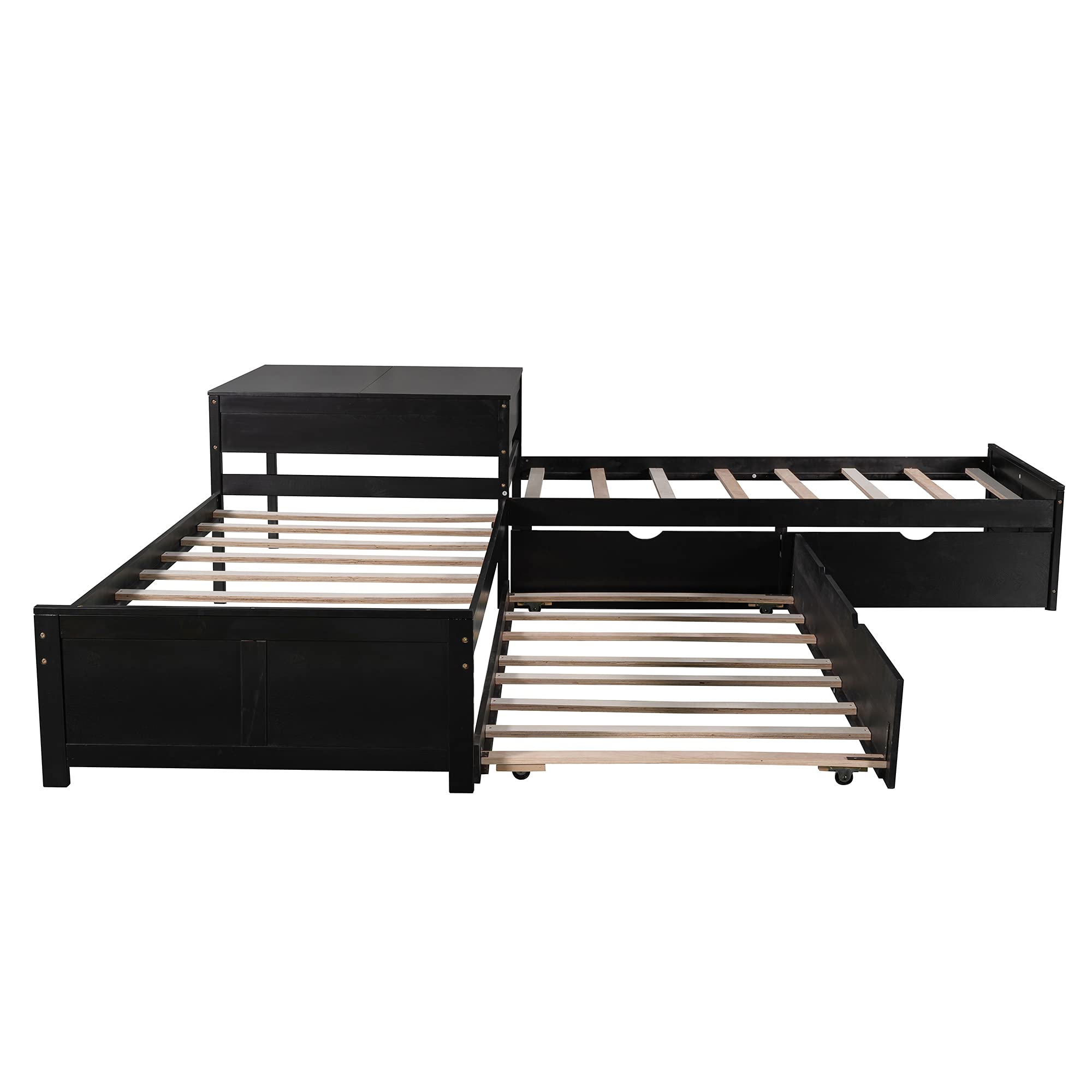 Harper & Bright Designs L-Shaped Platform Bed with Trundle, Wooden Corner Daybed with Storage Drawers and Desk, 3 Beds for Kids Teens Bedroom Furniture (Twin, Espresso)