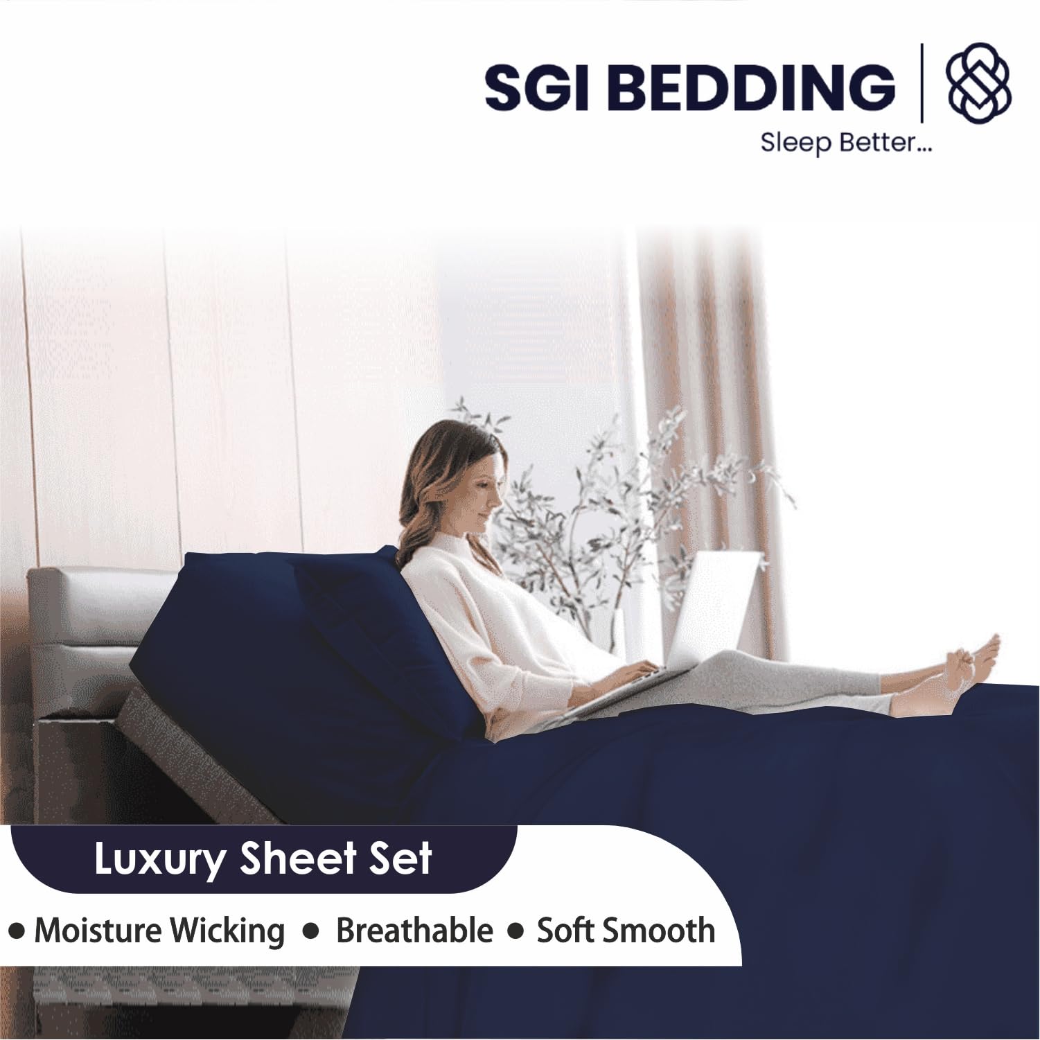 SGI Split King Sheet Set for Adjustable Bed 100% Egyptian Premium Cotton 600Thread Count Sheets for Sleep Number Bed 15" Deep Pocket 5 Pc Set with 2 Twin XL Fitted Sheets Breathable Luxury- Navy Blue