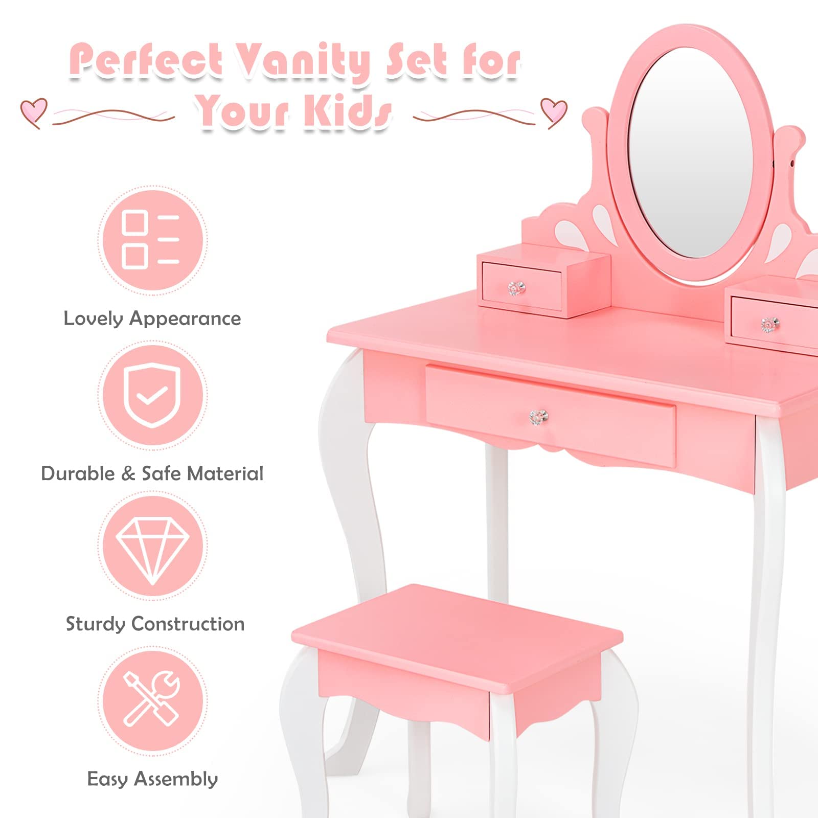 HONEY JOY Kids Vanity and Stool Set, Toddlers Pretend Play Vanity Set with 3 Drawers, 360° Rotating Oval Mirror, Wooden Girls Makeup Dressing Table for Bedroom Playroom, Gift for Little Girls (Pink)