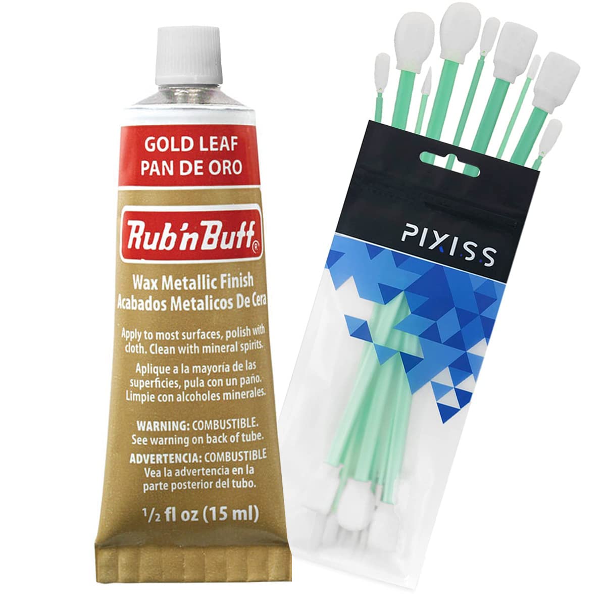 Rub and Buff FinishWax Metallic Gold Leaf, 0.5-Fluid Ounce, Pixiss Blending and Application Tools for Applying Metallic Wax Paint