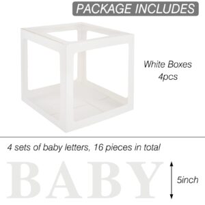 RUBFAC Baby Boxes with 4 Sets of Letters for Baby Shower, Clear Baby Shower Block Boxes with 16 Letters for Gender Reveal Decorations Birthday Party (4pcs White)