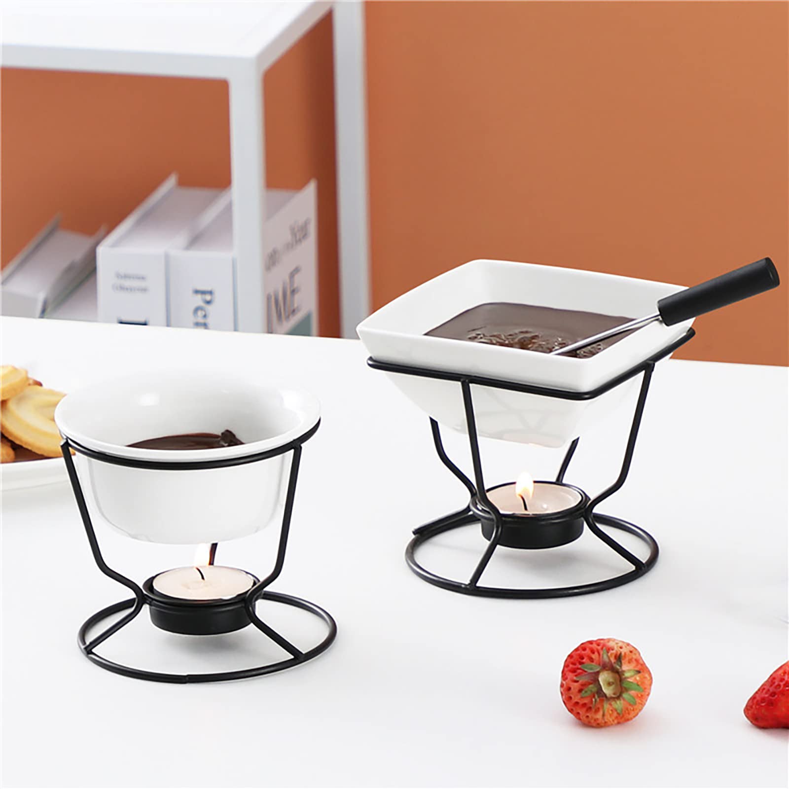 InBlossoms Ceramic Butter Warmers Personal Seafood Fondue Set with Shelf Candle Two Forks, Used for Melted Sauce Keeps Heat, 10 * 9.5cm