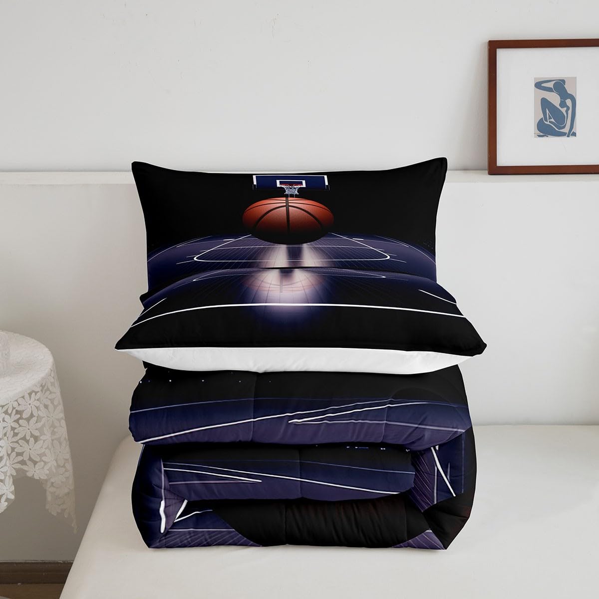 Basketball Comforter Set Queen for Boys Kids 3D Sports Games Room Decor Basketball Court Comforter Aldults Bedroom Ball Games Bedding Set 1 Comforter with 2 Pillow Cases,Lightweight Warm Soft