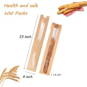 ZENFUN 100 Pack Baguette Kraft Bags with Clear Front Window, Fresh Bread Loaf Packing Bags, 23"x4"x1.6" Long Bread Kraft Paper Bakery Storage Bag for Bread, French Bread, Sandwich