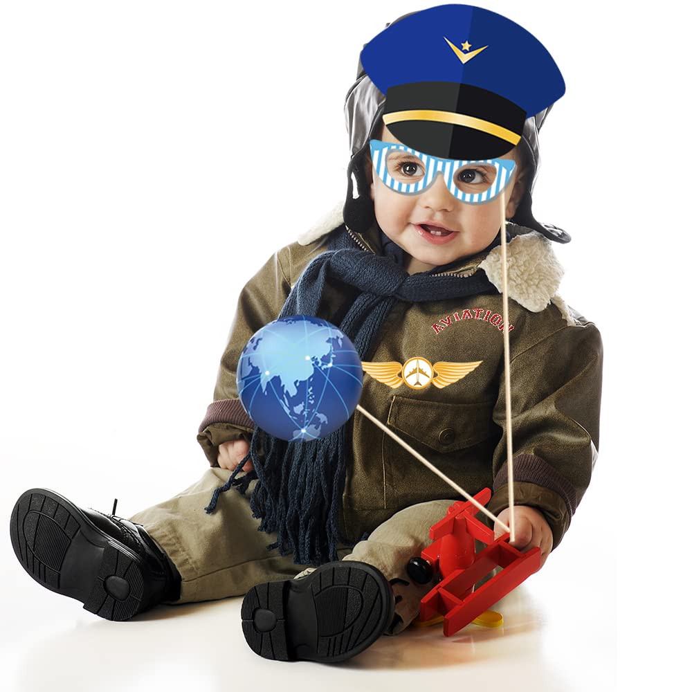 25Pcs Aviator Photo Booth Props DIY Kit Funny Pilot Airplane Flight Captain Hot Air Balloon Selfie Props Accessories Birthday Baby Shower Party Supplies Decorations Favors with Stickers (25)