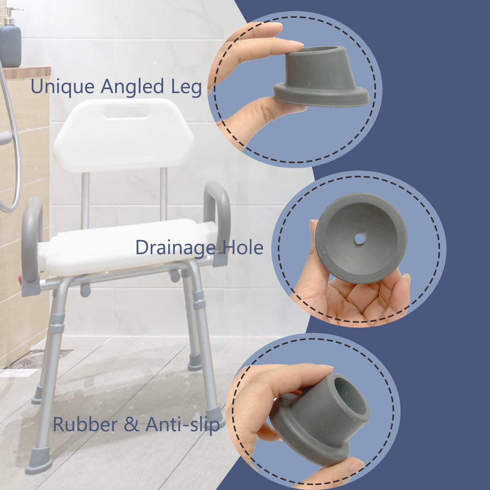 Replacement Feet for Bath Chair, Shower Toilet Seat Stools & Transfer Bench Anti-Slip Angled Cap for Disable Elderly, Fits for 1-1/8" I.D Tube, 4 Pcs