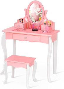 honey joy kids vanity and stool set, toddlers pretend play vanity set with 3 drawers, 360° rotating oval mirror, wooden girls makeup dressing table for bedroom playroom, gift for little girls (pink)