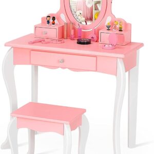 HONEY JOY Kids Vanity and Stool Set, Toddlers Pretend Play Vanity Set with 3 Drawers, 360° Rotating Oval Mirror, Wooden Girls Makeup Dressing Table for Bedroom Playroom, Gift for Little Girls (Pink)