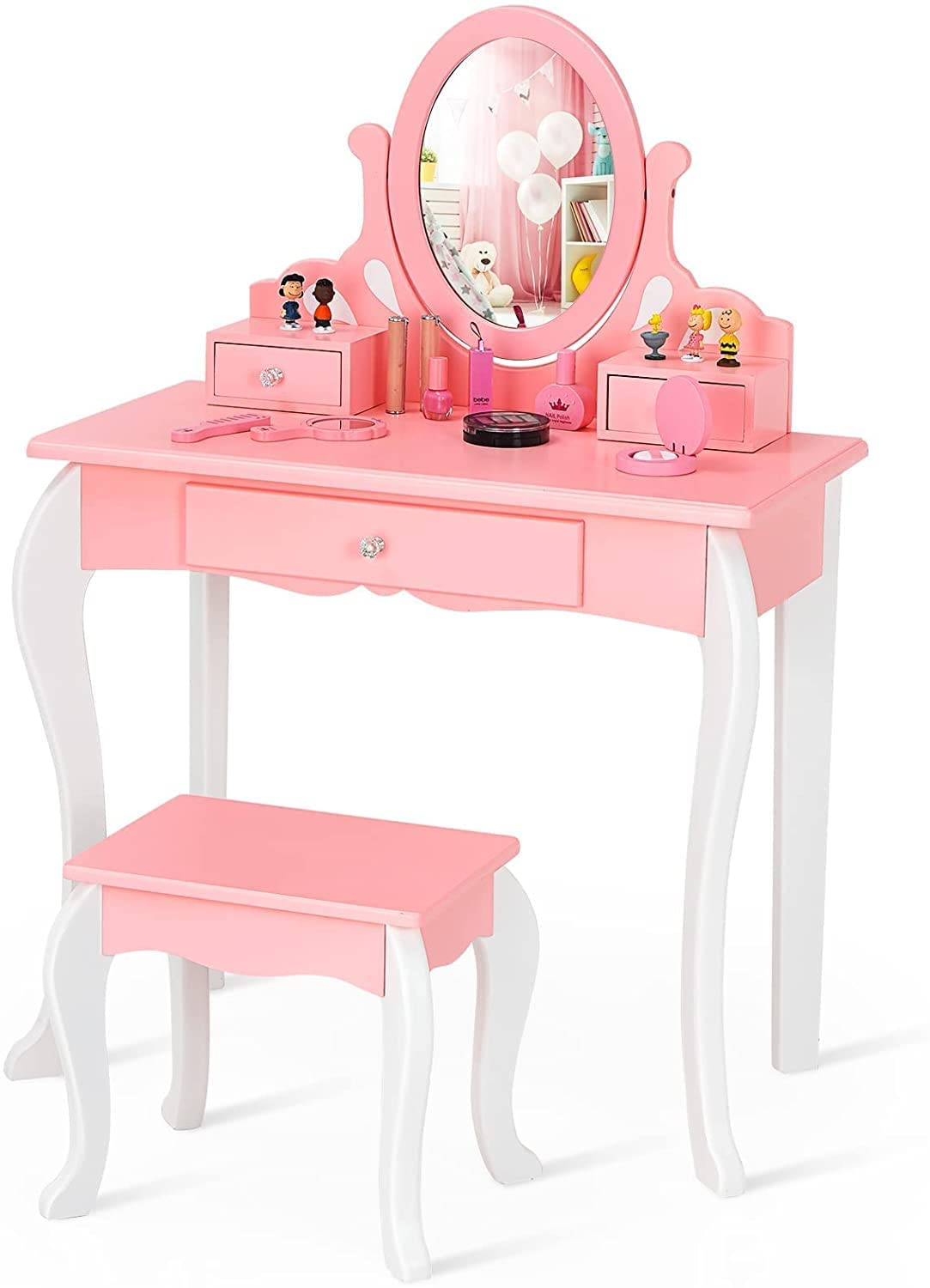 HONEY JOY Kids Vanity and Stool Set, Toddlers Pretend Play Vanity Set with 3 Drawers, 360° Rotating Oval Mirror, Wooden Girls Makeup Dressing Table for Bedroom Playroom, Gift for Little Girls (Pink)