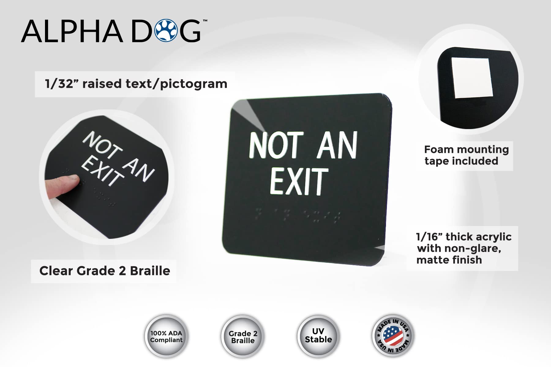 ALPHA DOG ADA SIGNS - Not An Exit Sign with Braille for Your Business, 4x5 Inch, ADA Compliant, Indoor or Outdoor, Easy Installation, Made in the USA, Black