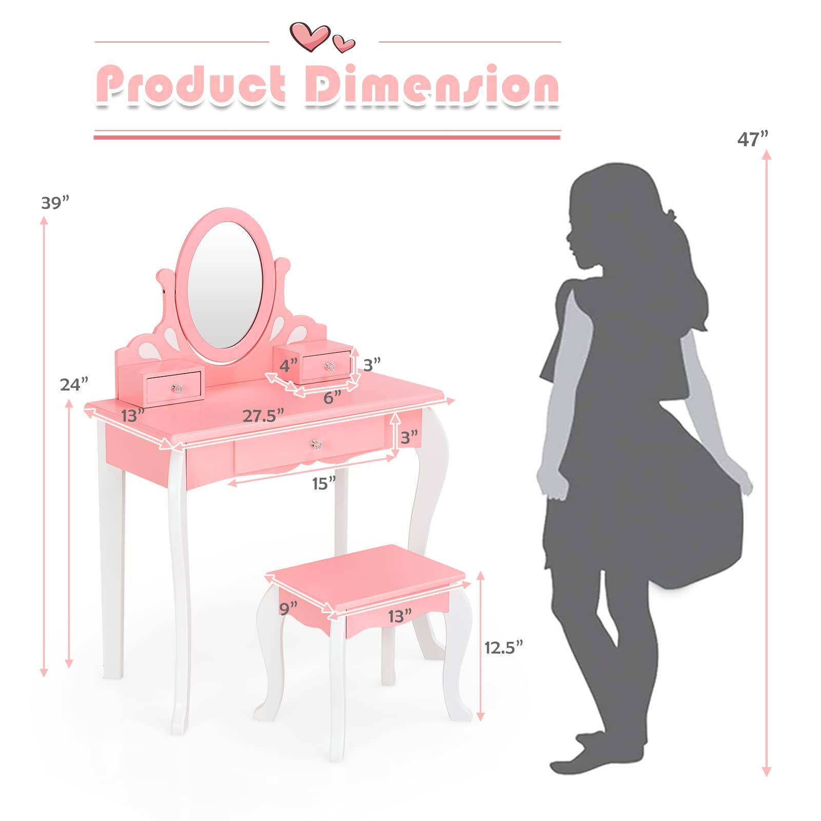 HONEY JOY Kids Vanity and Stool Set, Toddlers Pretend Play Vanity Set with 3 Drawers, 360° Rotating Oval Mirror, Wooden Girls Makeup Dressing Table for Bedroom Playroom, Gift for Little Girls (Pink)