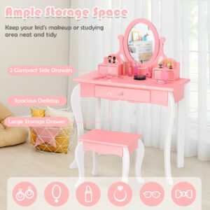 HONEY JOY Kids Vanity and Stool Set, Toddlers Pretend Play Vanity Set with 3 Drawers, 360° Rotating Oval Mirror, Wooden Girls Makeup Dressing Table for Bedroom Playroom, Gift for Little Girls (Pink)