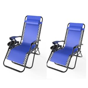 zero gravity chair set of 2,adjustable folding zero gravity lounge chair recliners,lounge chair patio outdoor porch backyard chair folding reclining camping chair wiith pillow and cup holder,navy blue