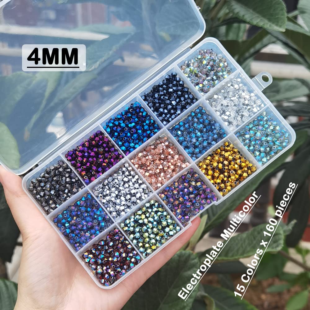 INSPIRELLE Approx 2400pcs 4mm Electroplated Multicolor Bicone Beads for Jewelry Bracelet Making Bulk Faceted Crystal Glass Briolette Beads