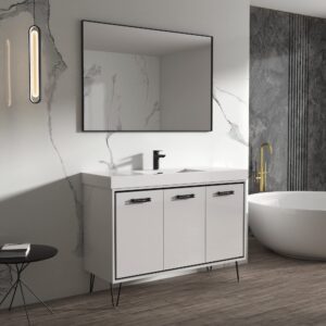 dowell 48" single bathroom vanity set - white resin basin with gloss-white vanity base, three doors with handles and two shelves