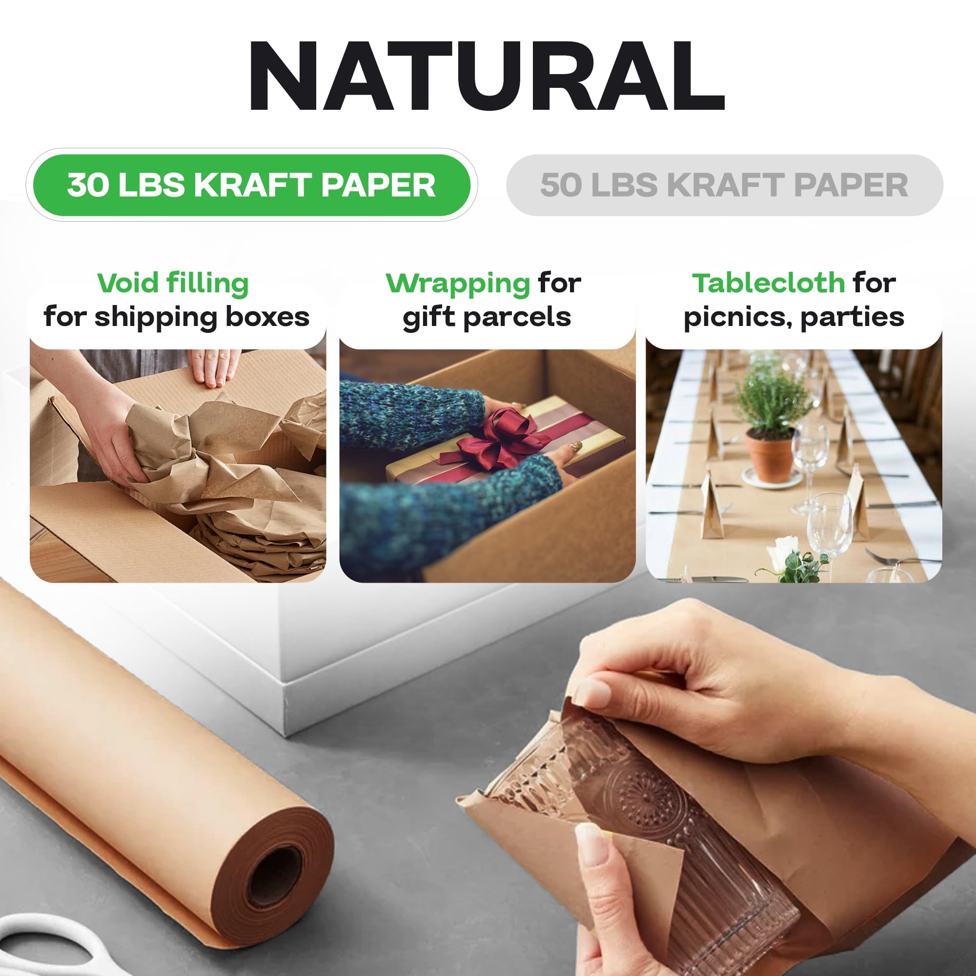 IDL Packaging 36" x 2160" (180 ft) Brown Kraft Paper Roll, 30 lbs - Quality Paper for Packing, Moving, Shipping, Crafts - 100% Recyclable Natural Kraft Wrapping Paper