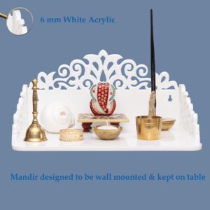 Heartily : Wall Mounted White Cast Acrylic Home Pooja Temple Mandir Puja Room Items Stand Home Decor Office Chowki Shelf Hanging Product (Height- 6.25, Length- 12 , Width-9.0 Inch) (White)