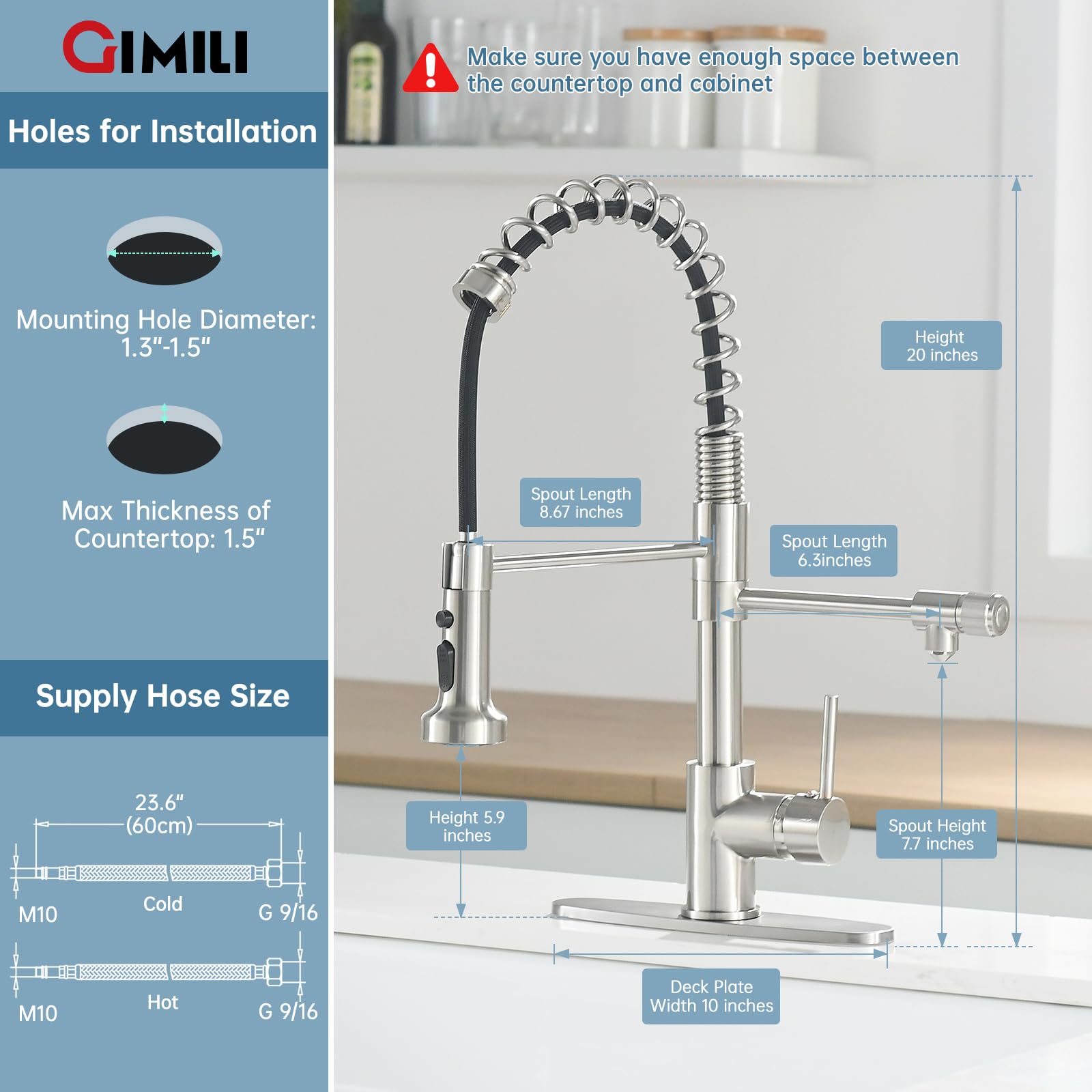 GIMILI Filter Kitchen Faucet for Water Filtration System Drinking Water Faucet 3 in1 Commercial Style Pull-Down Single Handle, Brushed Nickel (Without Water Filtration Device)