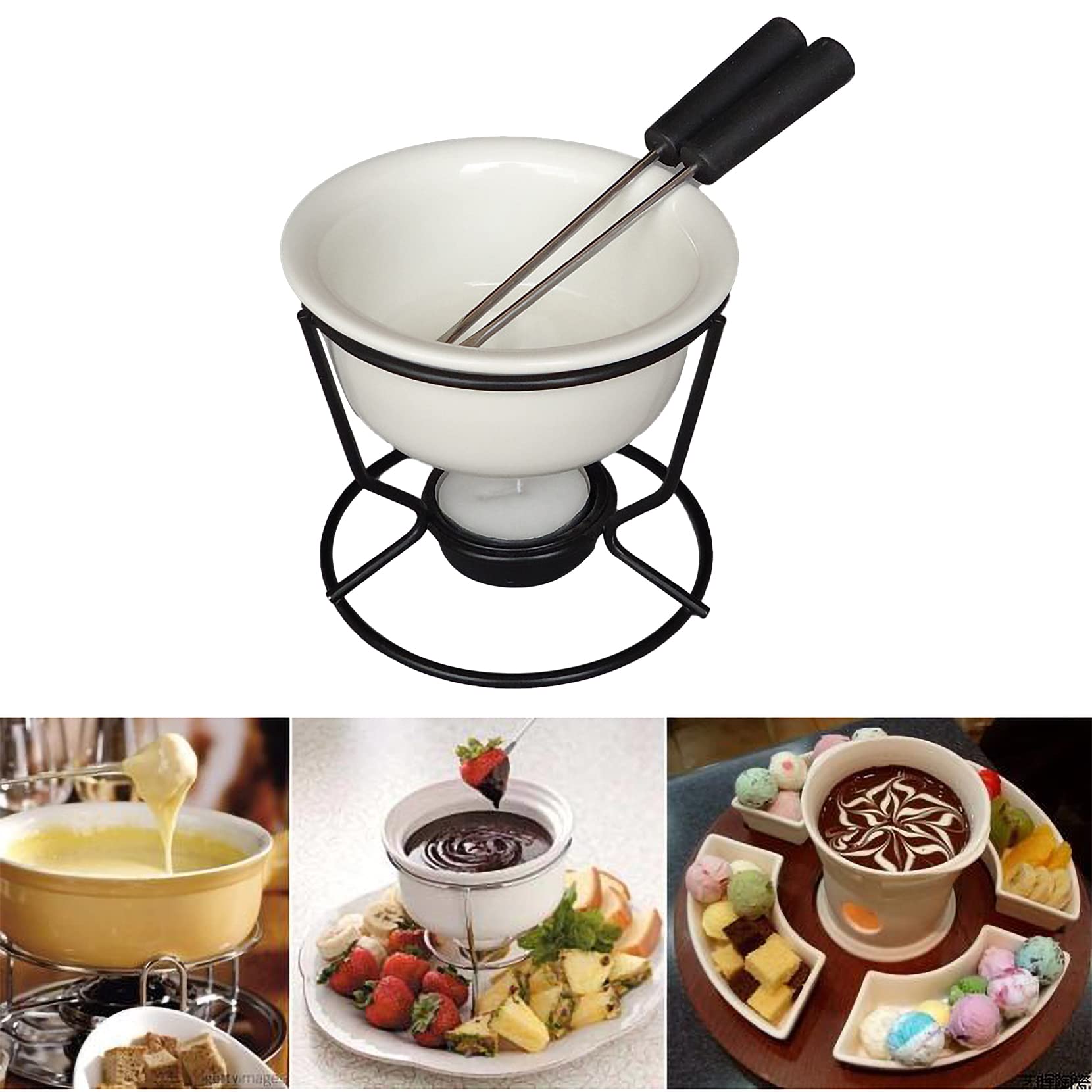 InBlossoms Ceramic Butter Warmers Personal Seafood Fondue Set with Shelf Candle Two Forks, Used for Melted Sauce Keeps Heat, 10 * 9.5cm