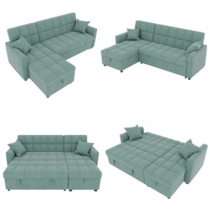 Sectional Sleeper Sofa Couch with Pull Out Bed, Sofa Bed with Storage Chaise for Living Room, Convertible L-Shaped Couch 3 Seat with Pillows (Green)