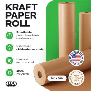 IDL Packaging 36" x 2160" (180 ft) Brown Kraft Paper Roll, 30 lbs - Quality Paper for Packing, Moving, Shipping, Crafts - 100% Recyclable Natural Kraft Wrapping Paper