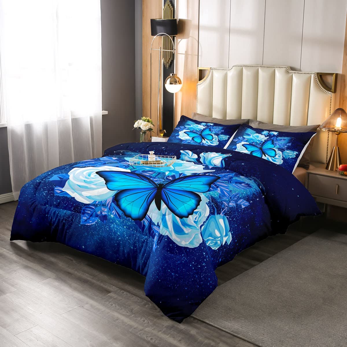 Manfei Rose Duvet Insert Queen Size Blue Butterfly Comforter Set 3pcs for Kids Girls Teens Adults Room Decor, Blue Starry Sky Bedding Set Romantic Soft Breathable Bed Quilt with 2 Pillowcases