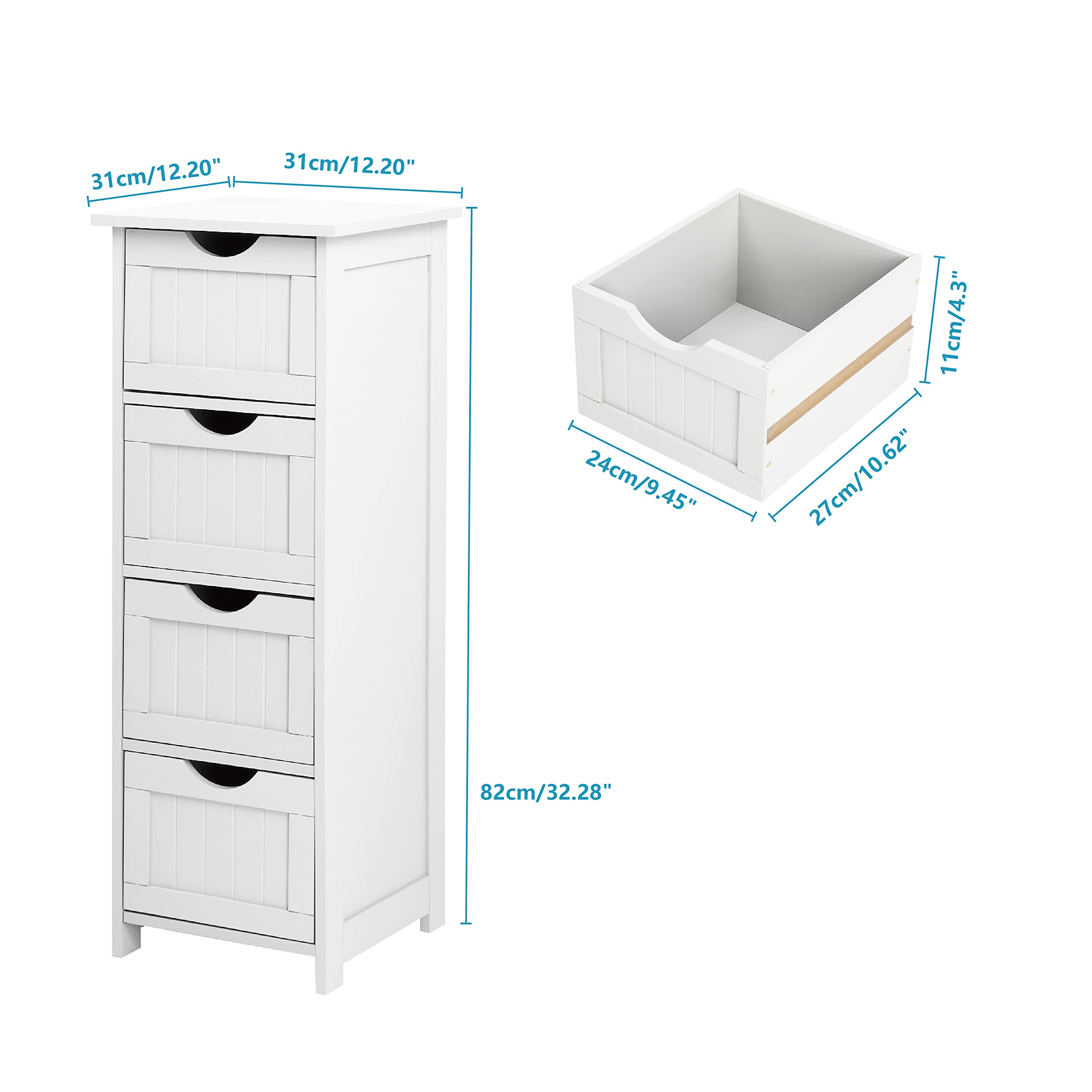 VINGLI White Bathroom Storage Cabinet with 4 Drawers Wooden Freestanding Slim Bathroom Floor Cabinet Small Side Organizer Storage Unit for Bathroom Livng Room Kitchen Office Hallway Entryway