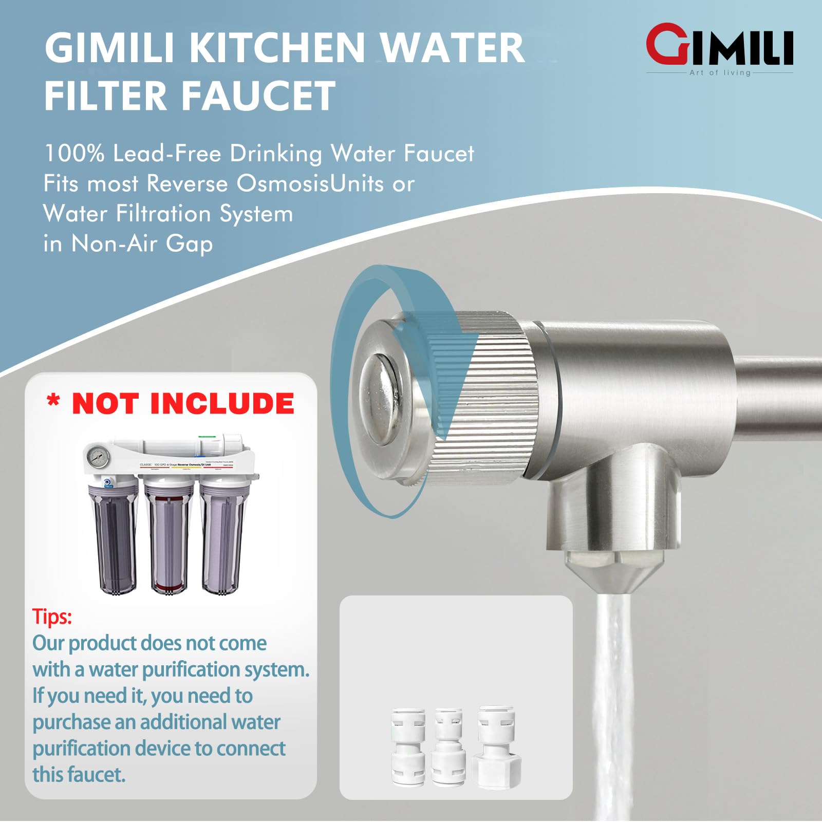 GIMILI Filter Kitchen Faucet for Water Filtration System Drinking Water Faucet 3 in1 Commercial Style Pull-Down Single Handle, Brushed Nickel (Without Water Filtration Device)