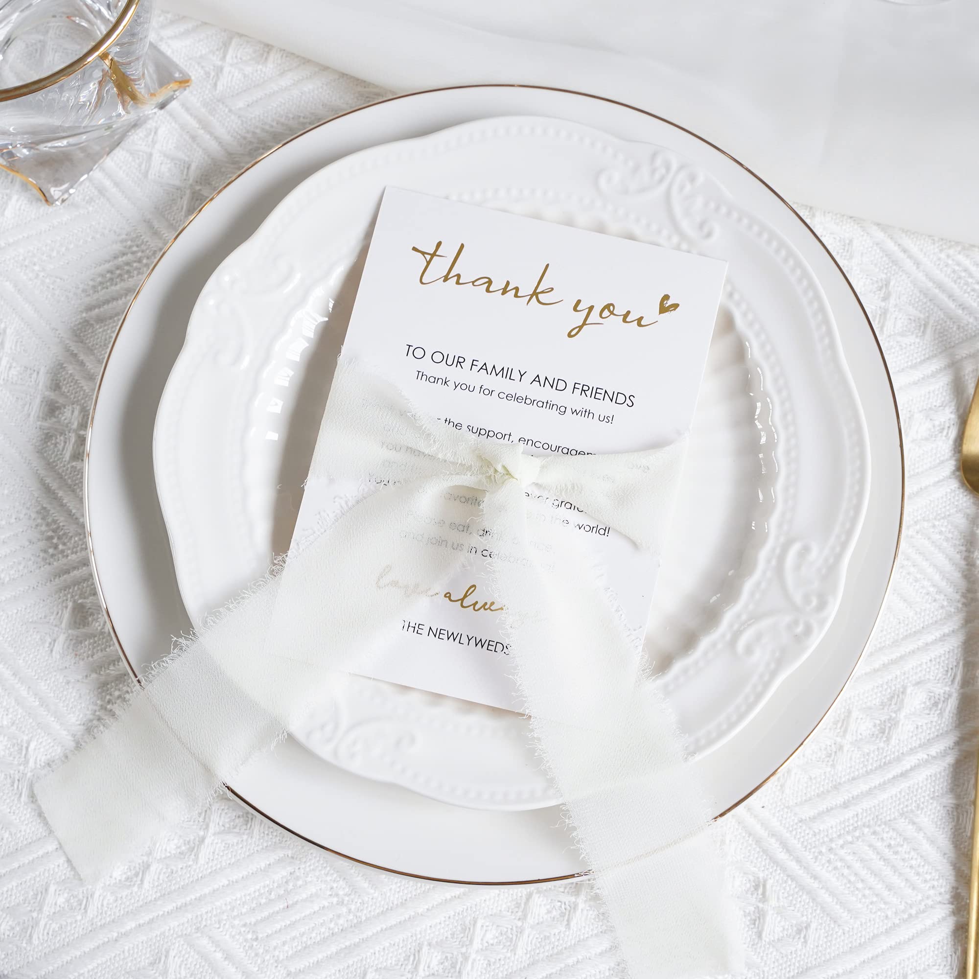 HUIHUANG Wedding Thank You Place Setting Cards with Ivory Chiffon Ribbon, for Weddings Favors, Receptions, Parties, Events and Celebrations-Pack of 50, 4 x 6 inch, Add to Your Table Centerpieces