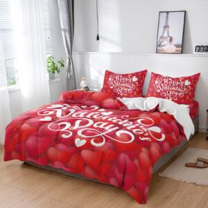 4 pieces queen size duvet cover bedding sets happy valentine's day soft bedspread flat sheet decorative pillowcases funny text on red love heart backdrop for bedroom