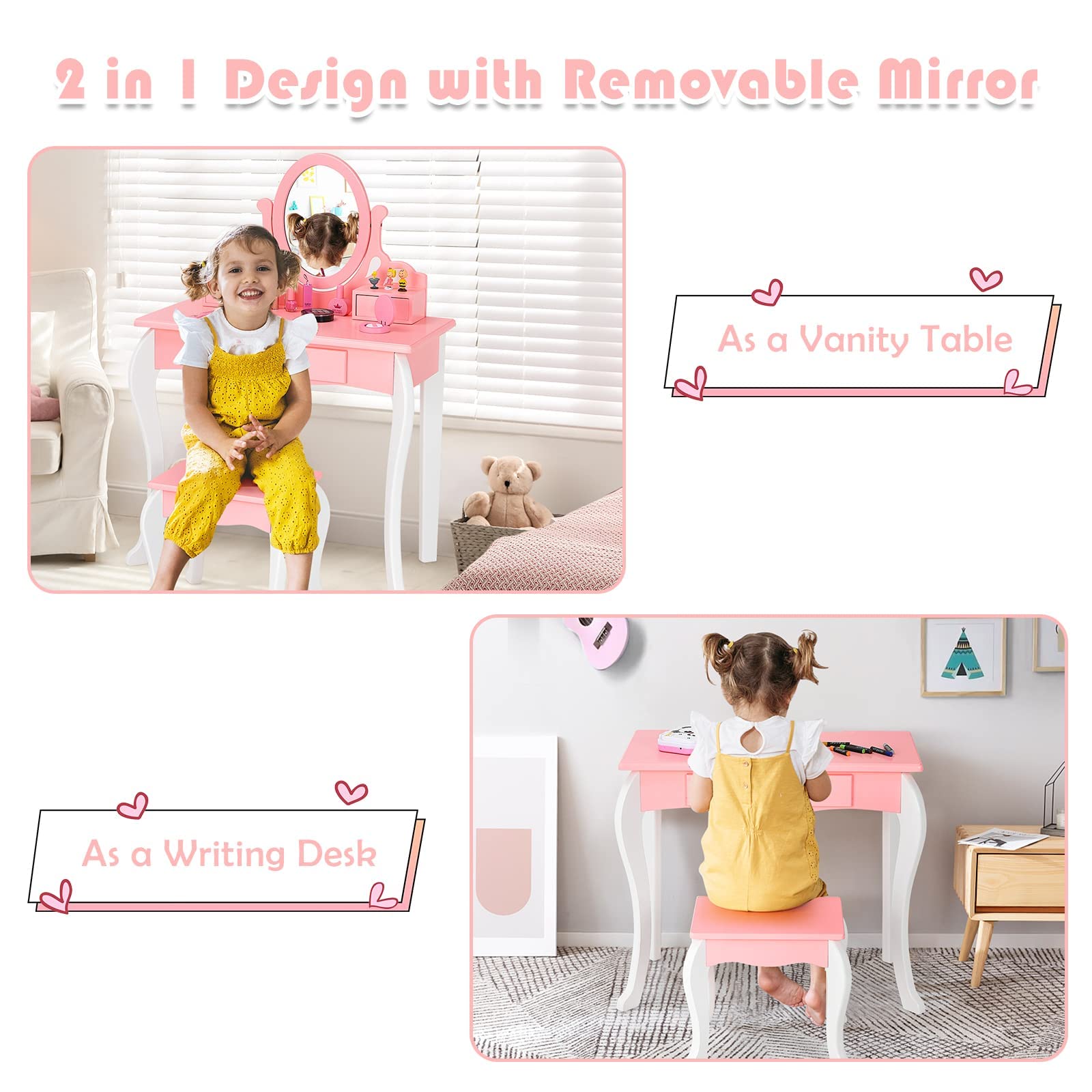 HONEY JOY Kids Vanity and Stool Set, Toddlers Pretend Play Vanity Set with 3 Drawers, 360° Rotating Oval Mirror, Wooden Girls Makeup Dressing Table for Bedroom Playroom, Gift for Little Girls (Pink)