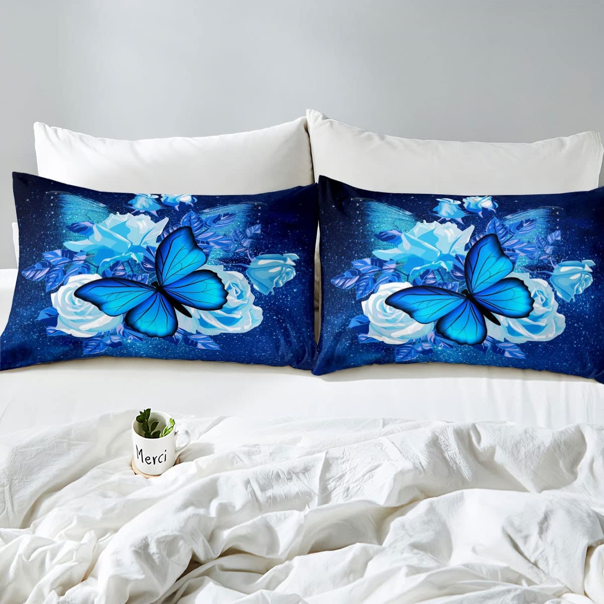 Manfei Rose Duvet Insert Queen Size Blue Butterfly Comforter Set 3pcs for Kids Girls Teens Adults Room Decor, Blue Starry Sky Bedding Set Romantic Soft Breathable Bed Quilt with 2 Pillowcases