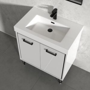 owell 30" Single Bathroom Vanity Set - White Resin Basin with Wood Vanity-Two Doors with Handles and Two Shelves |Gloss -White