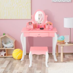 HONEY JOY Kids Vanity and Stool Set, Toddlers Pretend Play Vanity Set with 3 Drawers, 360° Rotating Oval Mirror, Wooden Girls Makeup Dressing Table for Bedroom Playroom, Gift for Little Girls (Pink)