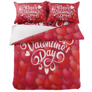 4 Pieces Queen Size Duvet Cover Bedding Sets Happy Valentine's Day Soft Bedspread Flat Sheet Decorative Pillowcases Funny Text on Red Love Heart Backdrop for Bedroom