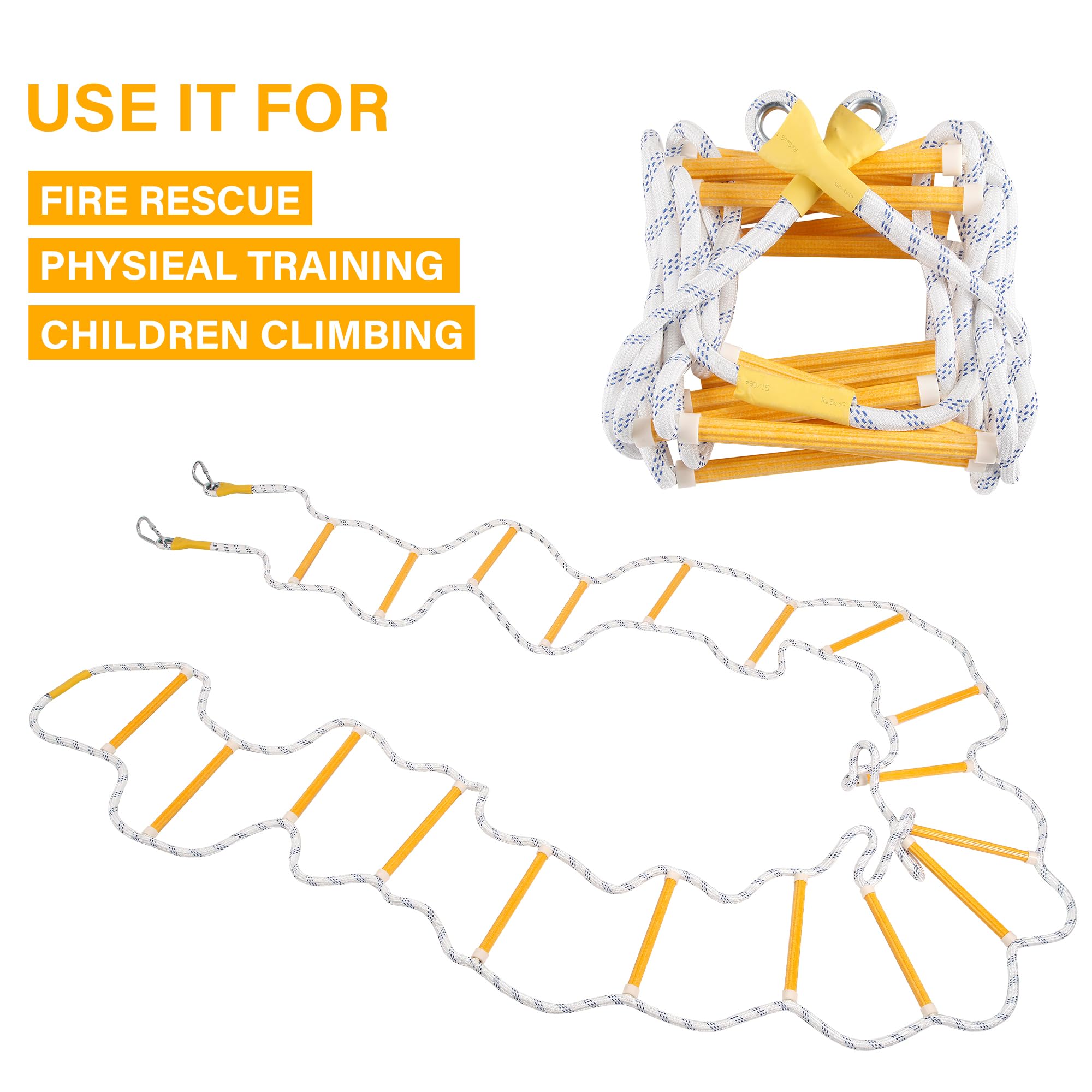 EMEKIAN Emergency Fire Escape Ladder Flame Resistant Safety Extension Rope Ladder with 2 Hooks, 2 Story Homes Reusable Compact Portable External Ladder (2 M / 6.6 FT)