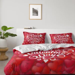 4 Pieces Queen Size Duvet Cover Bedding Sets Happy Valentine's Day Soft Bedspread Flat Sheet Decorative Pillowcases Funny Text on Red Love Heart Backdrop for Bedroom