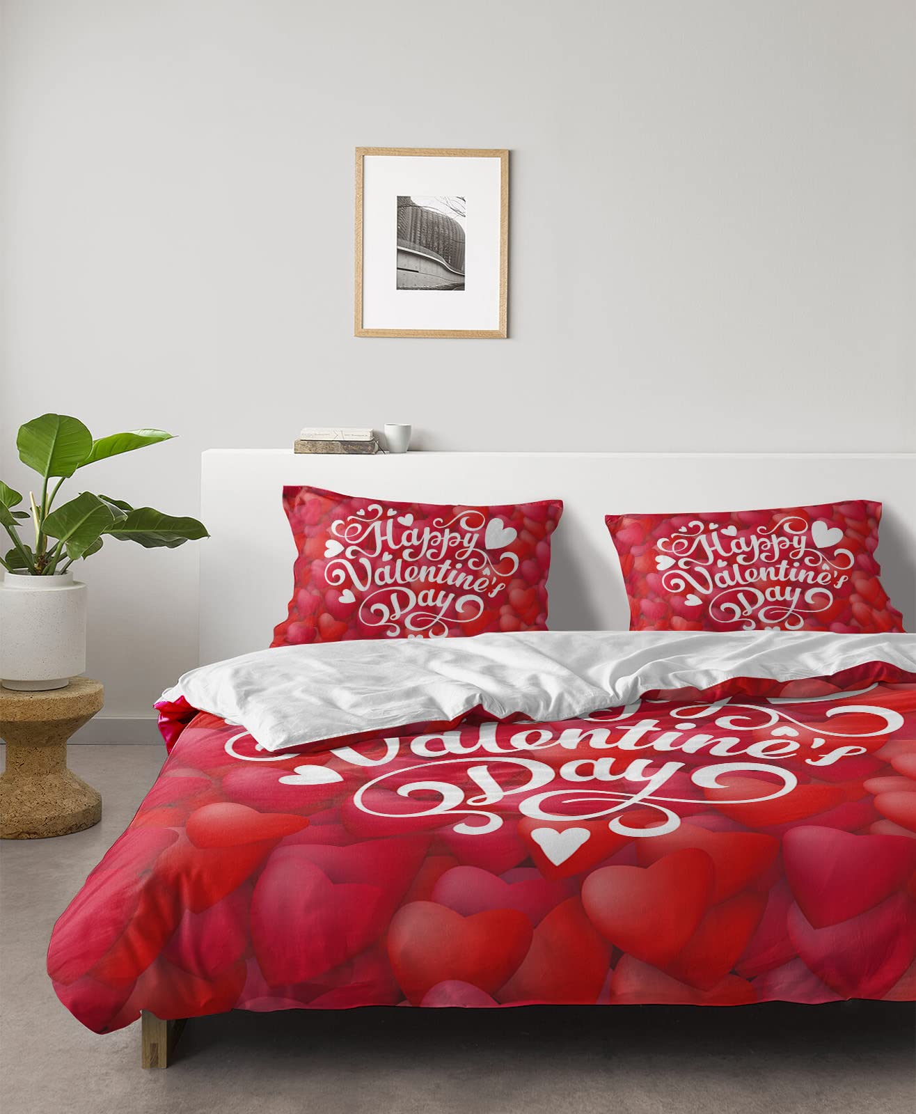 4 Pieces Queen Size Duvet Cover Bedding Sets Happy Valentine's Day Soft Bedspread Flat Sheet Decorative Pillowcases Funny Text on Red Love Heart Backdrop for Bedroom